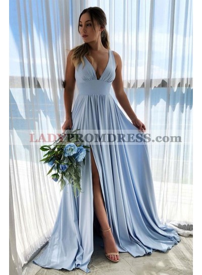 Cheap A Line V Neck Side Slit Blue Pleated Empire Prom Dresses 2023