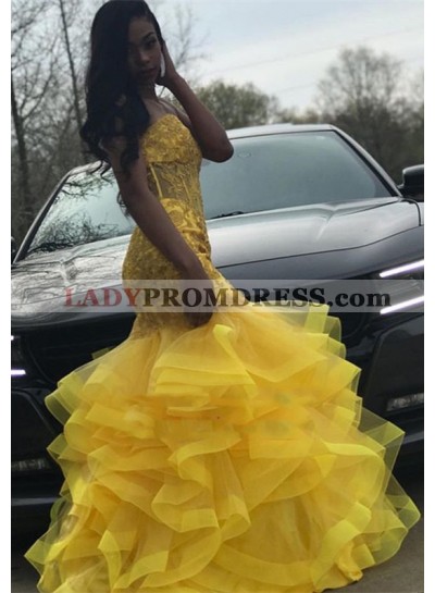 Charming Mermaid Daffodil Sweetheart Lace Layered Appliques Long Prom Dresses 2023