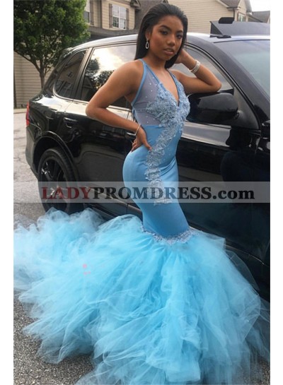 2023 Sexy Blue Mermaid V Neck Tulle Long Halter Layered Prom Dresses