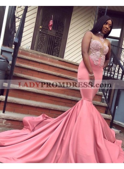 Long Mermaid Pink 2023 Satin Prom Dresses With Appliques