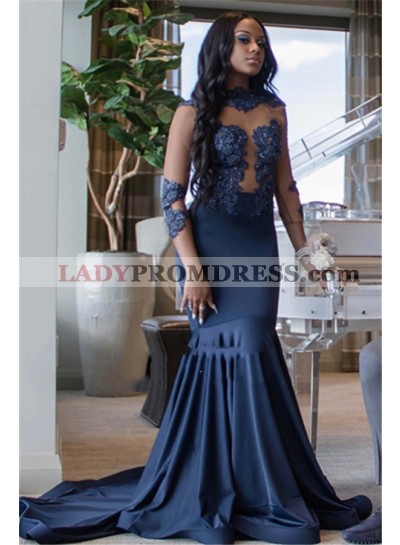 Alluring Dark Navy Mermaid Long Sleeves Prom Dresses With Appliques 2023