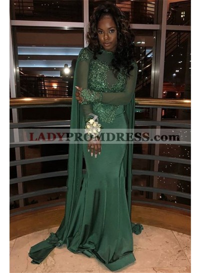 Cheap Sheath Hunter Green Long Sleeves Lace Prom Dresses 2023