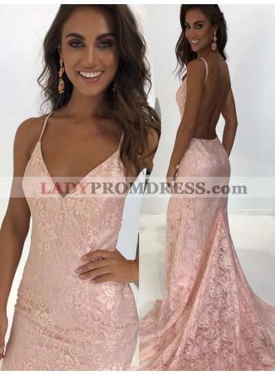 Amazing Pearl Pink Halter V Neck Lace Backless 2023 Sheath Prom Dresses