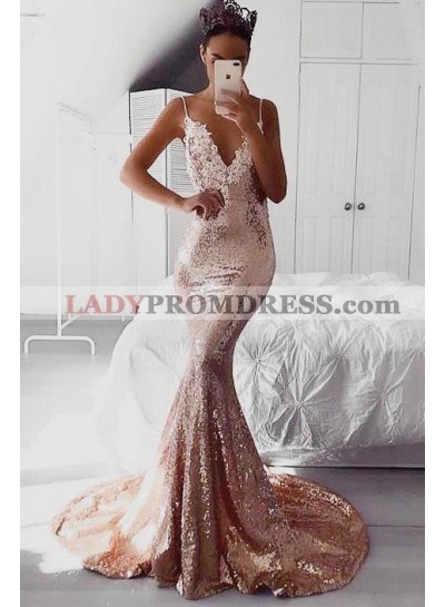Sexy 2023 Mermaid V Neck Dusty Rose Sequence Lace Backless Prom Dresses