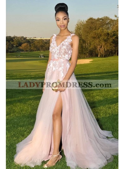 2023 Elegant A Line Side Slit Tulle Blush Pink V Neck Lace Prom Dresses