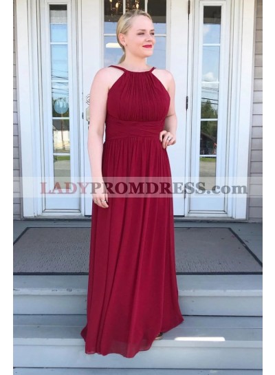 2023 Cheap A Line Chiffon Floor Length Burgundy Halter Pleated Prom Dresses