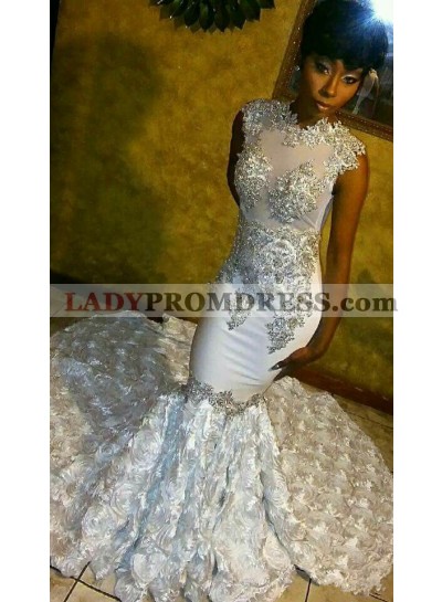 2023 Sexy Mermaid High Neck White Rose With Silver Appliques Long Prom Dresses