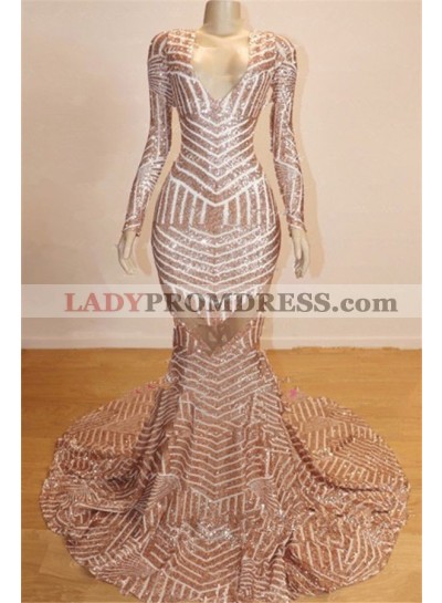 Charming Long Sleeves V Neck Backless Pink Lace Prom Dresses 2023