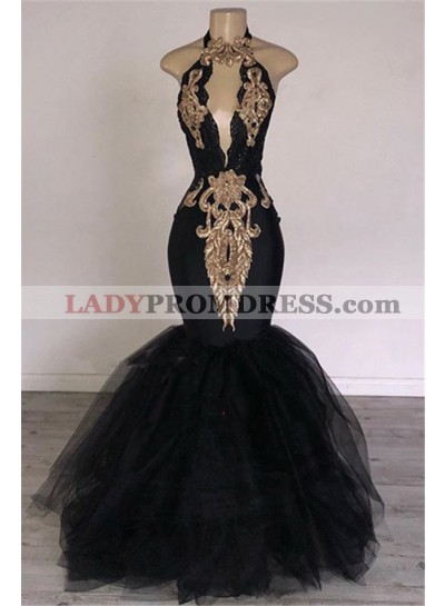 Sexy Black Mermaid Tulle With Gold Appliques V Neck Backless Prom Dresses 2023