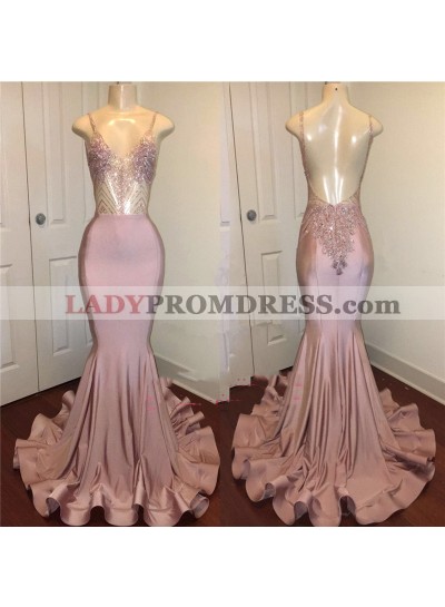 Charming Sheath Dusty Rose Beaded V Neck Backless Prom Dresses 2023