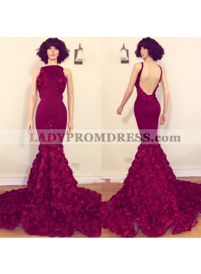 2023 Charming Mermaid Backless Burgundy Rose Patterns Long Prom Dresses 