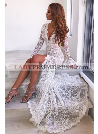 2023 Charming White Mermaid Sweetheart Long Sleeves Lace Prom Dresses