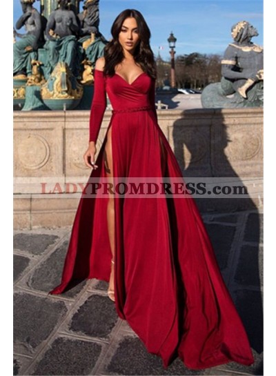 Cheap A Line Side Slit Sweetheart Long Sleeves Burgundy Prom Dresses 2023