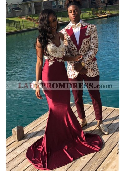 2023 New Arrival Mermaid Burgundy With White Lace Halter Prom Dresses