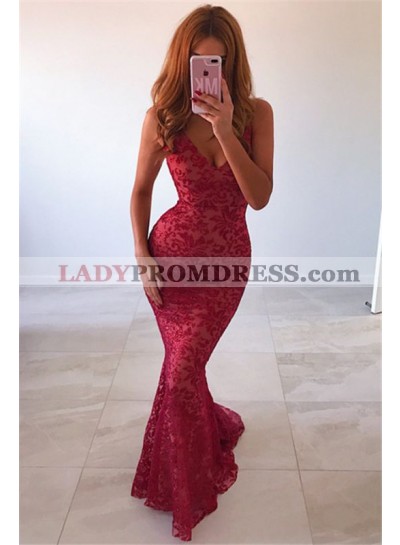 Sexy Mermaid V Neck Red Lace Backless 2023 Prom Dresses