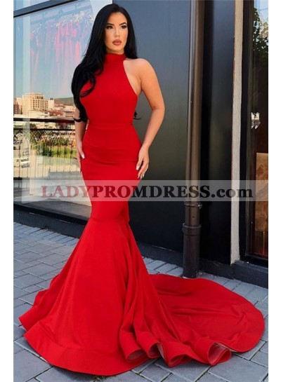 Charming Red Satin Mermaid High Neck Backless Prom Dresses 2023