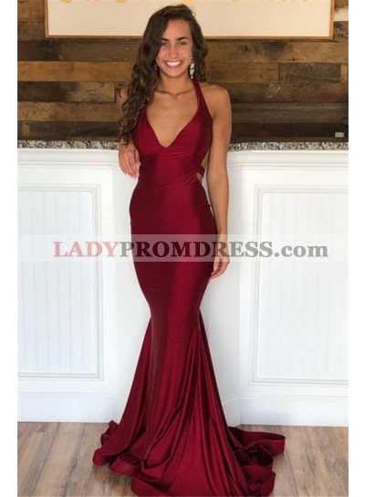 Sexy Burgundy Mermaid Satin Backless Halter V Neck Prom Dresses 2023