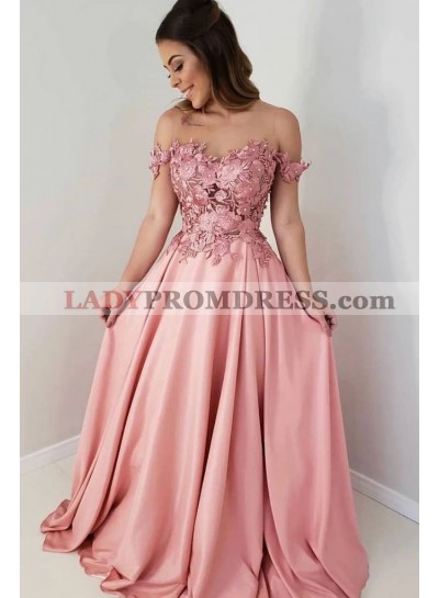 Cheap A Line Satin Off Shoulder Sweetheart Pink Floral Patterns Prom Dresses 2023