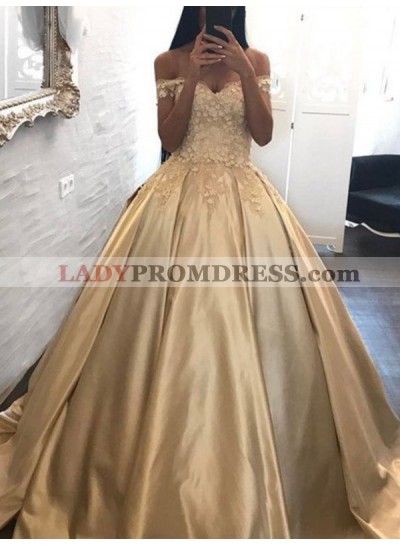 2023 Elegant Sweetheart Off Shoulder Satin Ball Gown Champagne Prom Dresses