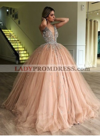 Charming Tulle V Neck Beaded Dusty Rose Ball Gown 2023 Prom Dresses