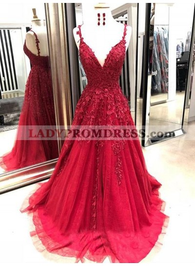 Cheap A Line V Neck Blue Tulle Lace Prom Dresses 2023