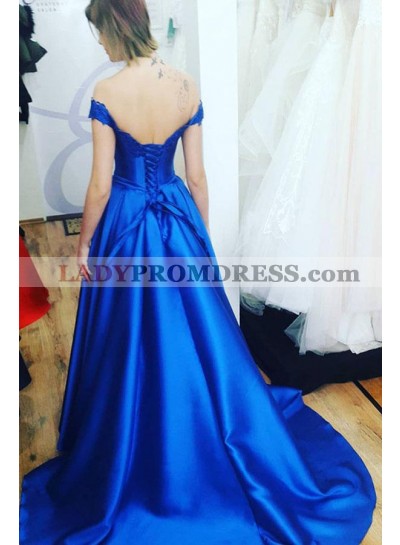 Elegant A Line Satin Royal Blue Off Shoulder Lace Up Back Long Prom Dresses 2023