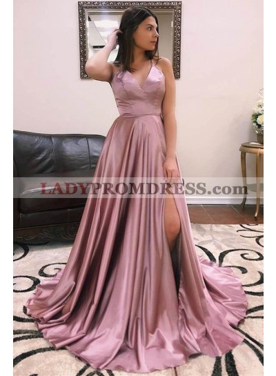 2023 Cheap A Line V Neck Elastic Satin Dusty Rose Side Slit Prom Dresses 