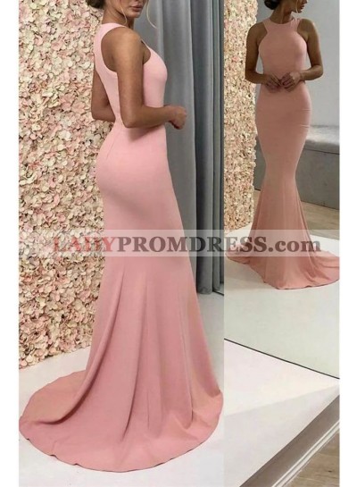Sexy Mermaid Pink Satin Scoop Sleeveless Prom Dresses 2023 