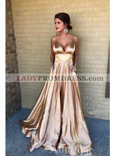 Amazing A Line Sweetheart Spaghetti Straps Elastic Satin Champagne Prom Dresses 2023
