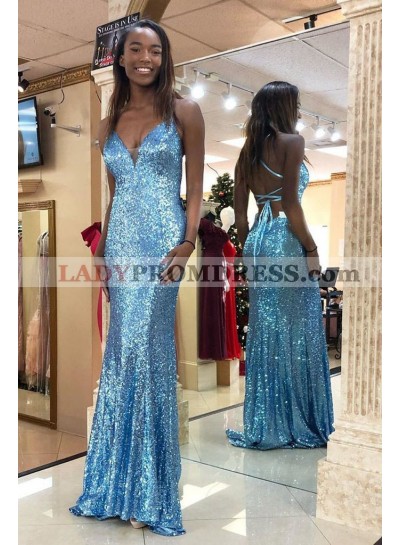 Charming Sheath Sweetheart Blue Lace Up Back Sequence 2023 Prom Dresses