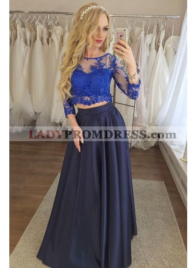 2023 New Arrival Satin A Line Dark Navy Royal Blue Two Pieces Lace Prom Dresses