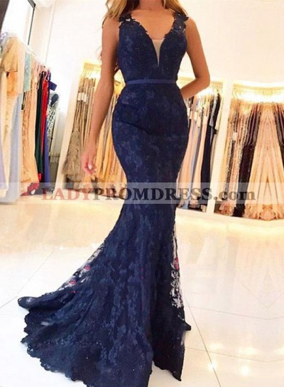 Amazing Dark Navy Sheath 2023 V Neck Lace Prom Dresses