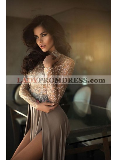 2023 Charming A Line Silver Side Slit High Neck See Through Beaded Prom Dresses