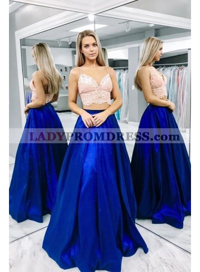 Cheap A Line Satin Royal Blue Sweetheart Two Pieces Prom Dresses 2023