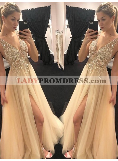 2023 New Arrival A Line Champagne Side Slit V Neck Beaded Prom Dresses