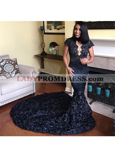 Charming Black Mermaid Rose Patterns Capped Sleeves Long Prom Dresses 2023