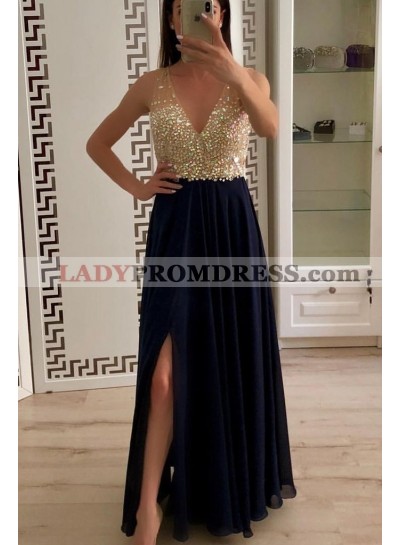 Cheap A Line Chiffon Side Slit Beaded V Neck Prom Dresses 2023