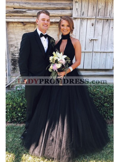 Cheap A Line Tulle Halter Backless Black Open Front Prom Dresses 2023