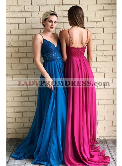 Cheap A Line Chiffon Royal Blue Sweetheart Lace Prom Dresses 2023