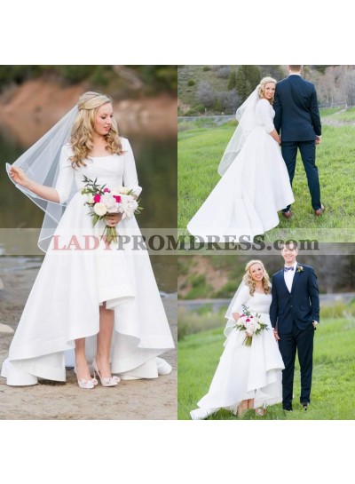 2023 A Line Satin Bateau Long Sleeves High Low Short Beach Wedding Dresses