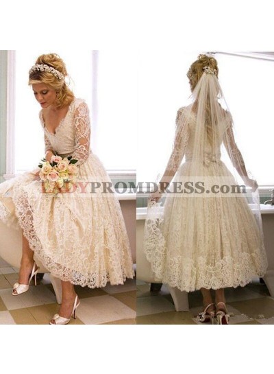 Long Sleeves V Neck Lace Tea Length Short Wedding Dresses 2023