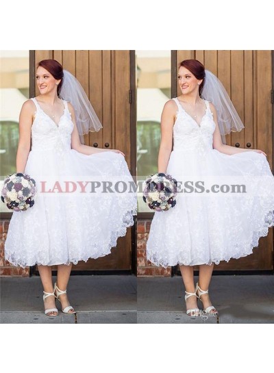 A Line Tea Length Lace Sweetheart Short Beach Wedding Dresses 2023