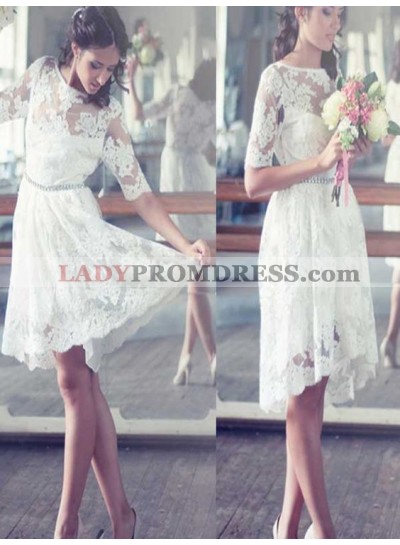 2023 Short A Line Half Sleeves Lace Scoop Short Beach Wedding Dresses