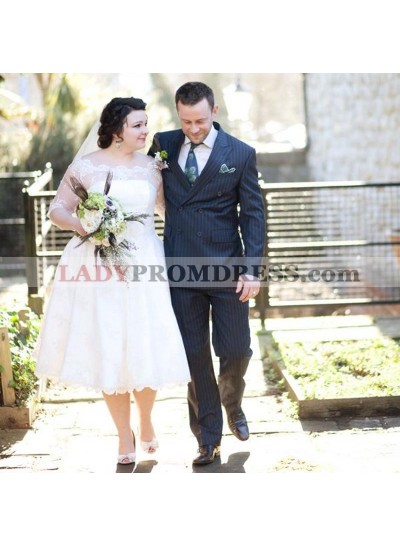 Short Sleeves A Line Lace Tea Length Plus Size Wedding Dresses 2023