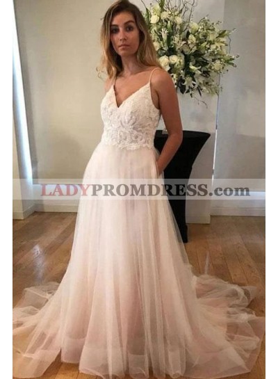 A Line V Neck Halter Tulle Beach Wedding Dresses With Appliques
