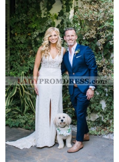 Sheath Slit V Neck Lace Back V Beach Wedding Dresses 2023