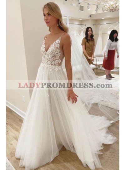2023 A Line V Neck Tulle With Floral Patterns Beach Wedding Dresses