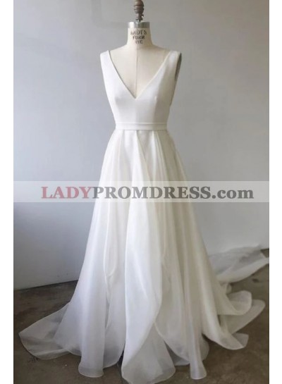 2023 A Line V Neck Organza Backless Wedding Dresses
