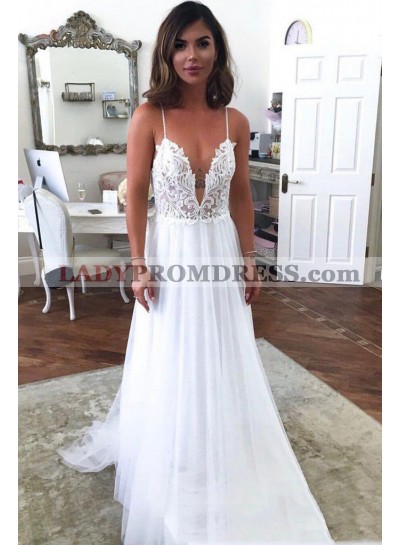 A Line Tulle Open Front V Neck Backless Lace Beach Wedding Dresses 2023