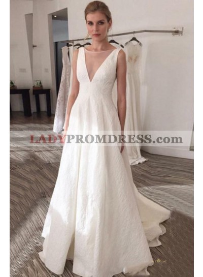2023 A Line Bateau Satin Backless Beach Wedding Dresses 